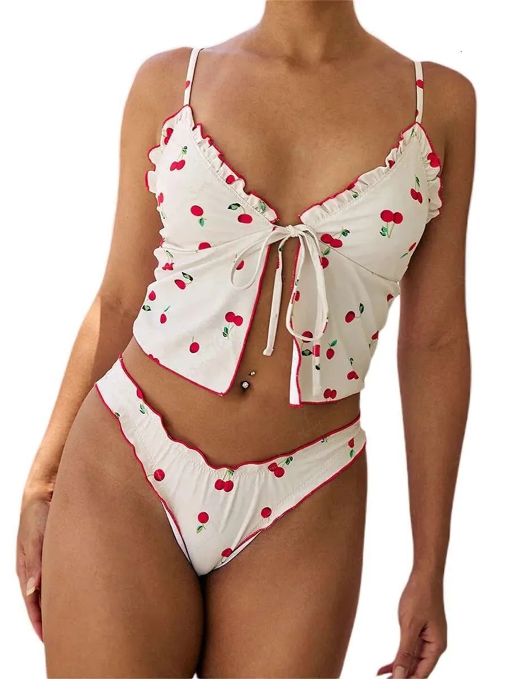 Never worn White Cherry Print Ruffle Bikini